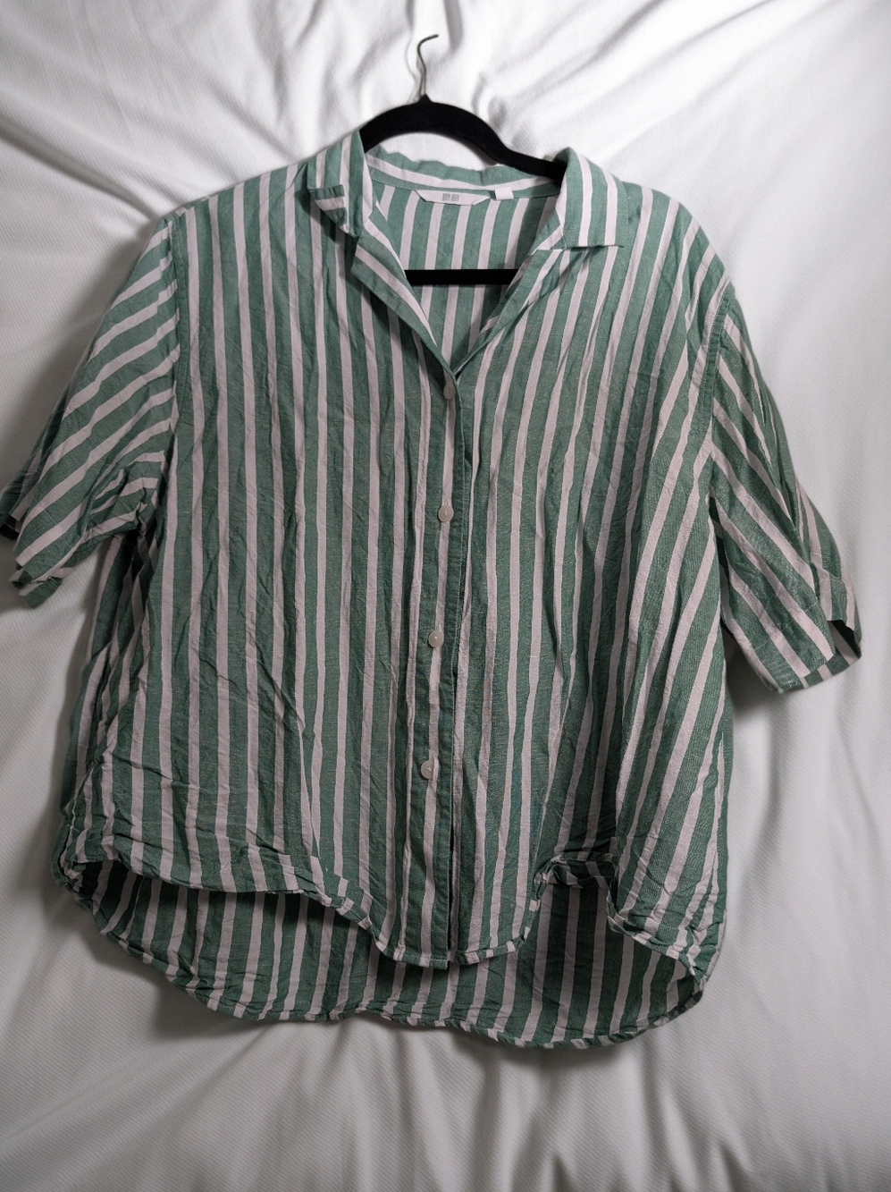 Uniqlo Green and White Vertical Stripe Button-Down Shirt